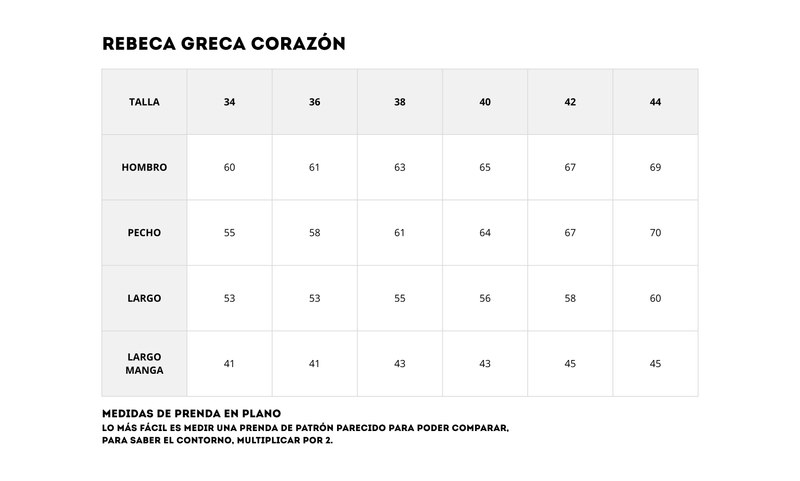 Guía de tallas Rebeca Greca Cotton Corazón